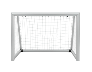A frontal, close-up shot of a soccer goal rendered in shades of gray against black