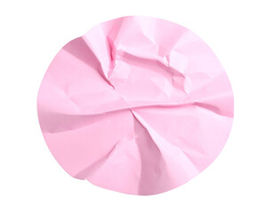 A close-up of a perfectly round, pink, crumpled sheet of paper with highlights and shadows