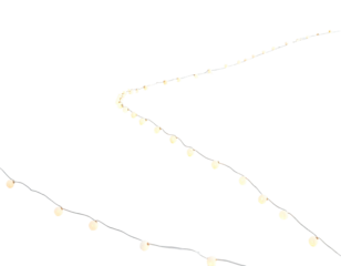 A string of illuminated bulbs, curving across a stark black background