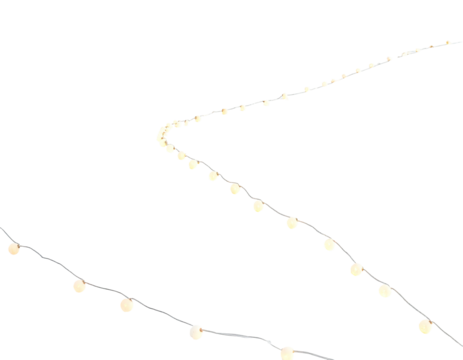 A string of illuminated bulbs, curving across a stark black background