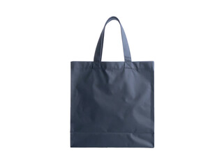 A simple, rectangular, blue tote bag, with handles, is isolated against a black background