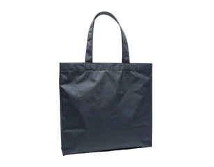 Isolated, square-shaped tote bag with long handles, in a dark gray, on a plain black background