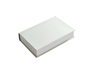 A closed, pristine, rectangular book with a bright white cover on a stark black background