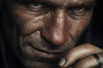 Fototapeta premium Man holding something on black background, closeup