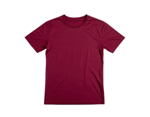 Plain, solid-colored, short-sleeved t-shirt in a rich burgundy hue, isolated on black background