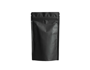 A black, empty pouch, sealed and standing upright, isolated on a dark background