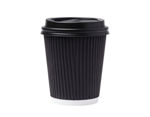 Black ribbed disposable paper cup with a black lid, isolated on a transparent background