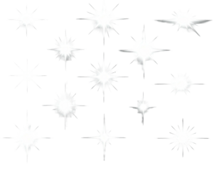 Cluster of bright, shiny, star-shaped light bursts, scattered on a stark, black background