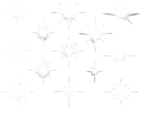 Cluster of bright, shiny, star-shaped light bursts, scattered on a stark, black background