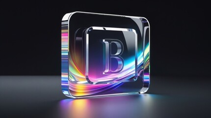 Transparent glass bank icon, colorful dispersion reflections, black backdrop, elegant luminous modern 3D design