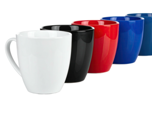 Array of five ceramic mugs in assorted solid colors arranged in a diagonal row