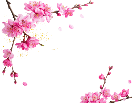 Blossoming branches of pink flowers with buds and scattered petals on a black background