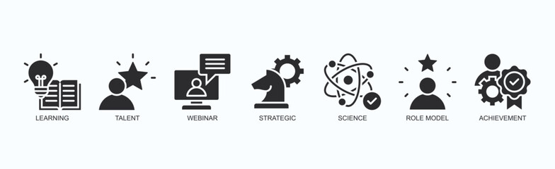 Knowledge Path Icon Set Isolated Vector With Icon Of Learning, Talent, Webinar, Strategic, Science, Role Model, Achievement In Black Style