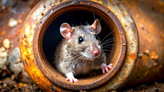 A small brown rat with pink ears and nose peeking out from a rusty metal pipe on the ground, looking directly at the viewer.