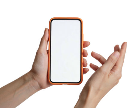 Human hands holding a smart device with a blank white screen, isolated on black background