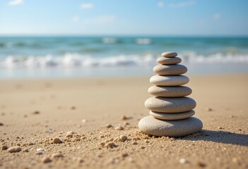 A stack of smooth gray pebbles balanced on sandy beach with calm ocean waves and blue sky in the background, symbolizing peace, balance, and mindfulness in soft natural sunlight.