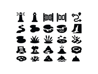 vector solid black filled icons Nature (waterforms) beacon on beacon off gate open gate closed route active route inactive river bend lake shore sea coast ocean bay fjord cliff lagoon pool