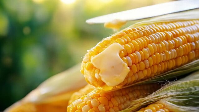 Close up of buttered corn on the cob showing fresh food preparation