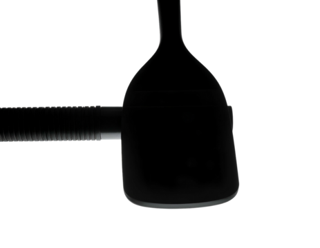 A dark, abstract image featuring a bulbous object connected to a ridged cylinder against black - Powered by Adobe