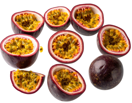 Close-up studio shot showcasing vibrant passion fruit, sliced, revealing textured flesh