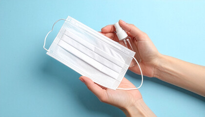 Hand holding medical mask and disinfectant spray