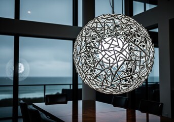 Dramatic spherical pendant light fixture illuminating a modern interior with ocean view