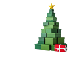 A festive arrangement of green boxes shaped into a Christmas tree with a golden star on top