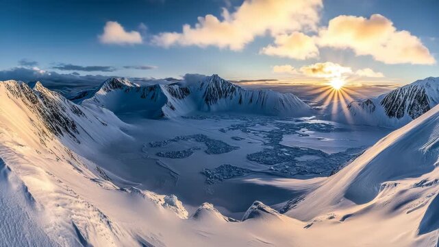 Sunset on snowy mountainside with rugged terrain and serene atmosphere