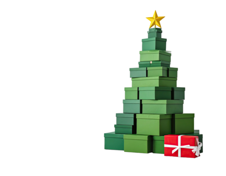 A festive arrangement of green boxes shaped into a Christmas tree with a golden star on top