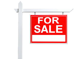 A red and white "FOR SALE" sign on a wooden post against a dark background