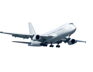 A commercial jet aircraft in flight, angled and isolated against a plain black background