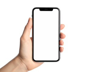 Human hand firmly holding a smartphone with a blank, bright white screen