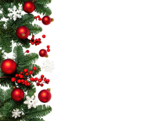 Festive border of greenery with ornaments, berries, and snowflakes on a black background