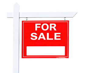 A bright red square sign with "FOR SALE" in bold white letters, mounted on a white wooden post