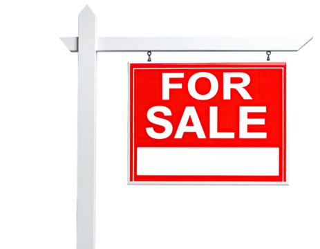 A red and white "FOR SALE" sign on a wooden post against a dark background