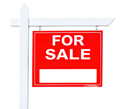A bright red square sign with "FOR SALE" in bold white letters, mounted on a white wooden post