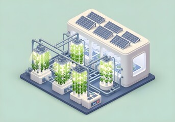 Obraz premium Isometric ecofarm microfacility with hydroponic towers, solar panels roof, LED grow lights, water nutrient system, urban vertical farming lab, vector render, modern clean-tech sustainability design