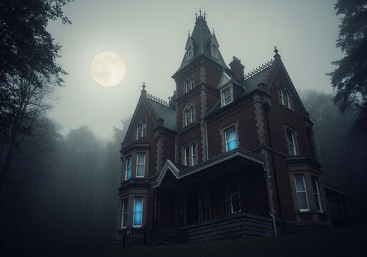 Victorian gothic revival mansion in a dense, fog shrouded forest under a full moon