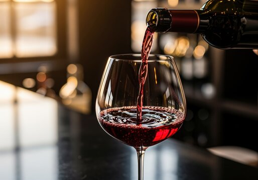 Cinematic slow motion shot of rich ruby red wine pouring into a wide crystal glass