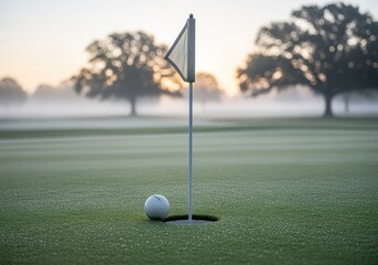 Golf ball next to the hole on a dew kissed putting green at misty sunrise