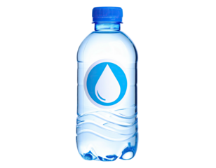 Clear plastic bottle of water with a blue cap and a water drop logo