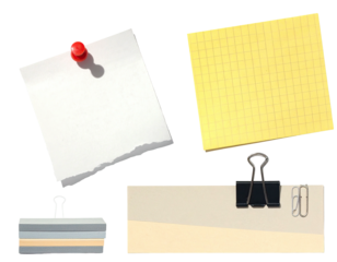 Assorted stationary items isolated on black; include sticky notes, papers, and a paperclip