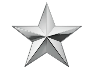Shiny, silver five-pointed star with gradient shading, isolated against a solid black background
