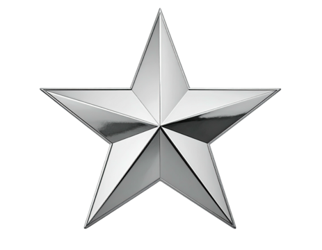 Shiny, silver five-pointed star with gradient shading, isolated against a solid black background