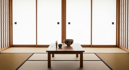 Minimalist japanese tea room with tatami mats and shoji screens, featuring a low table and tea ceremony items