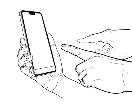 A hand holding a phone while another hand interacts with the screen, both hands illustrated in grayscale
