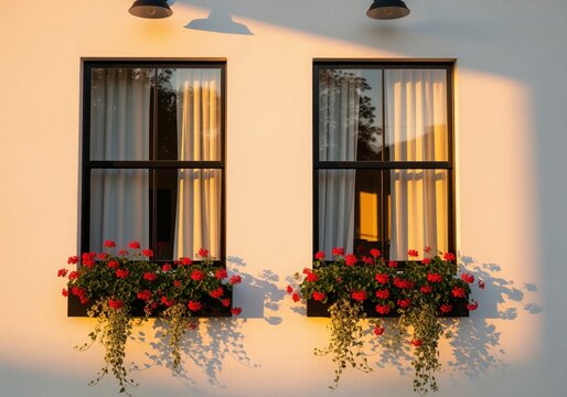 Sun drenched modern farmhouse windows with red flowers and trailing plants on a white wall.