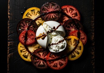 Fototapeta premium Vibrant heirloom tomato and creamy burrata salad with balsamic glaze on dark wood