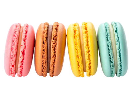 Four colorful French sandwich cookies, arranged in a line on a black background