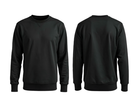 A black sweatshirt front and back view, against a dark backdrop for a clean aesthetic